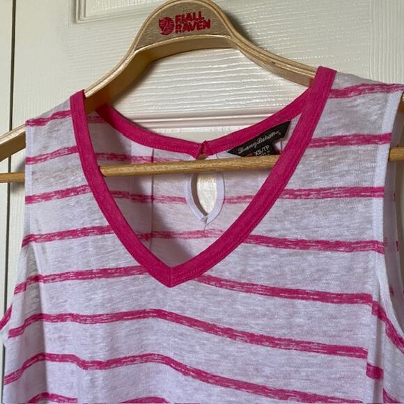 Tommy Bahama Linen V-Neck Sleeveless Burnout Top Pink White Stripe Women's XS/TP - Picture 2 of 10